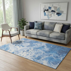 HomeRoots 5' X 8' Navy Blue and Ivory Abstract Area Rug - Washable, Stain Resistant, UV Protected, Durable Design 697736