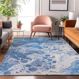 HomeRoots 5' X 8' Navy Blue and Ivory Abstract Area Rug - Washable, Stain Resistant, UV Protected, Durable Design 697736