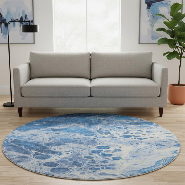 HomeRoots 8' Navy Blue and Ivory Abstract Round Rug - Washable, UV-Protected, Durable for High-Traffic Areas 697737