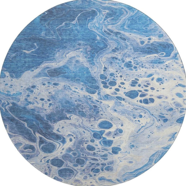 HomeRoots 8' Navy Blue and Ivory Abstract Round Rug - Washable, UV-Protected, Durable for High-Traffic Areas 697737