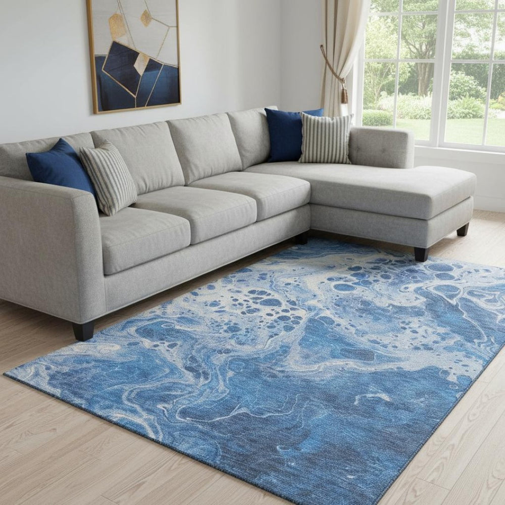HomeRoots 8' X 10' Navy Blue and Ivory Abstract Washable Area Rug - Stylish, Durable, and UV-Protected Design! 697738