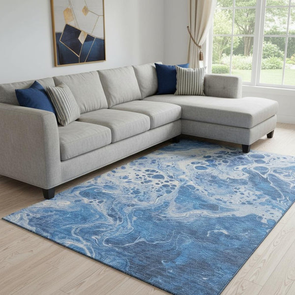 HomeRoots 8' X 10' Navy Blue and Ivory Abstract Washable Area Rug - Stylish, Durable, and UV-Protected Design! 697738