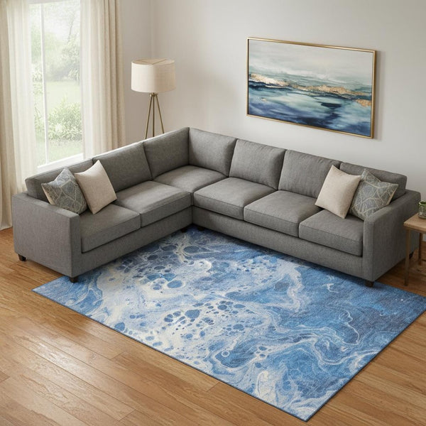 HomeRoots 9' X 12' Navy Blue & Ivory Abstract Area Rug - Stylish, Washable, Stain-Resistant & UV Protected! 697739