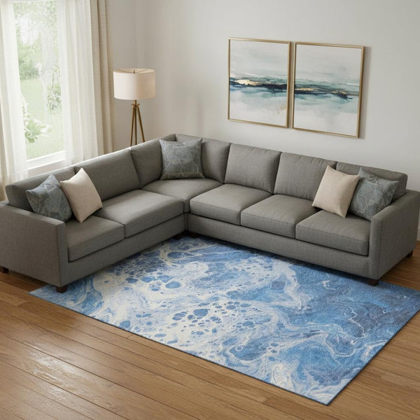 HomeRoots 10' Navy Blue & Ivory Abstract Area Rug - Washable, UV-Protected, Stylish & Family-Friendly Design 697740
