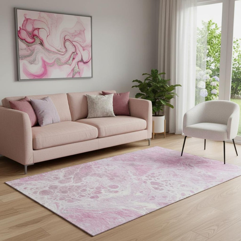 HomeRoots 5' X 8' Pink and Ivory Abstract Area Rug – Stylish, Washable, UV Protected, Perfect for High Traffic Spaces 697742