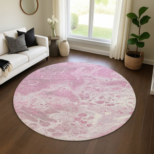 HomeRoots 8' Pink And Ivory Abstract Washable Round Rug – Durable, UV-Protected, Ideal for Modern Spaces! 697743