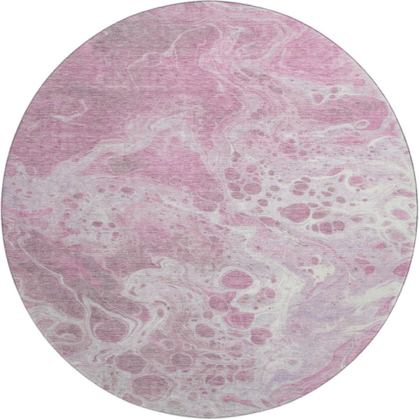 HomeRoots 8' Pink And Ivory Abstract Washable Round Rug – Durable, UV-Protected, Ideal for Modern Spaces! 697743