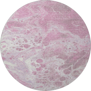 HomeRoots 8' Pink And Ivory Abstract Washable Round Rug – Durable, UV-Protected, Ideal for Modern Spaces! 697743