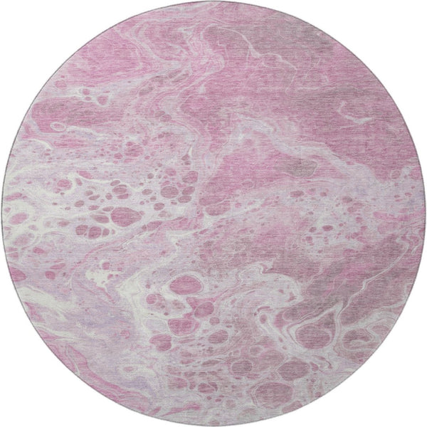HomeRoots 8' Pink And Ivory Abstract Washable Round Rug – Durable, UV-Protected, Ideal for Modern Spaces! 697743