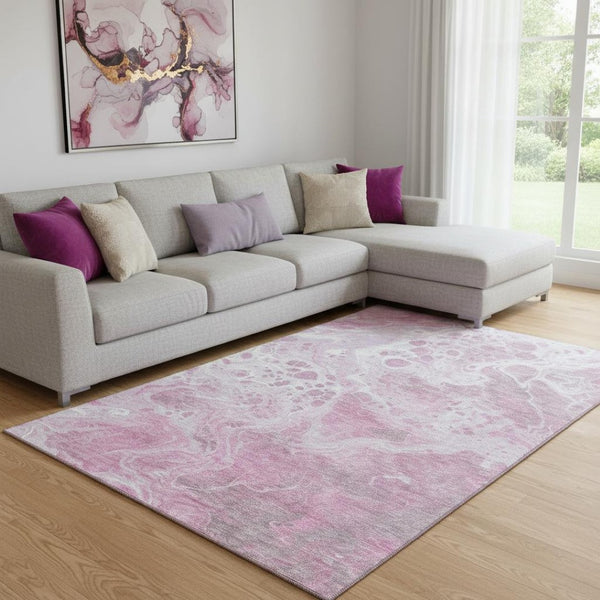 HomeRoots 8' X 10' Pink and Ivory Abstract Washable Area Rug - Stylish, Durable, UV-Protected for Every Home 697744