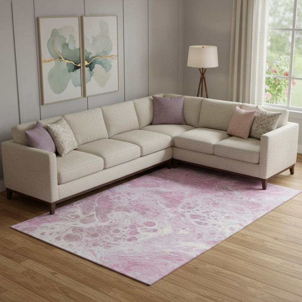 HomeRoots 10' X 14' Pink & Ivory Abstract Washable Area Rug with UV Protection – Stylish, Durable, Easy-Care Design 697746