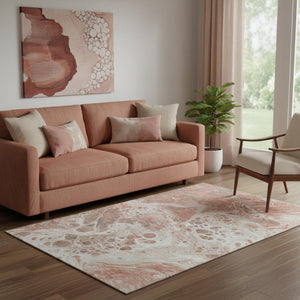HomeRoots 5' Abstract Rust Beige and Ivory Area Rug - Durable, Washable, UV-Protected for High-Traffic Homes 697748