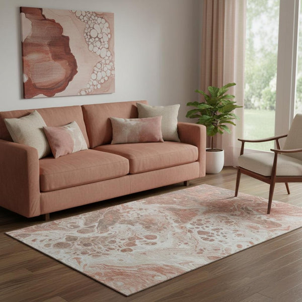 HomeRoots 5' Abstract Rust Beige and Ivory Area Rug - Durable, Washable, UV-Protected for High-Traffic Homes 697748