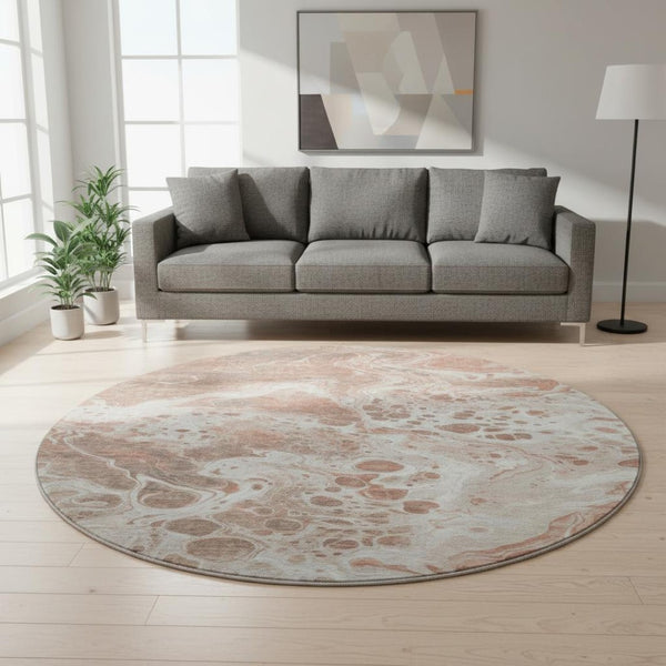 HomeRoots 8' Stylish Rust Beige and Ivory Abstract Round Rug - Washable, UV-Protected, and Pet-Friendly Design 697749