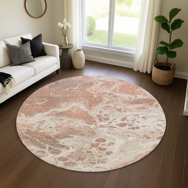 HomeRoots 8' Stylish Rust Beige and Ivory Abstract Round Rug - Washable, UV-Protected, and Pet-Friendly Design 697749