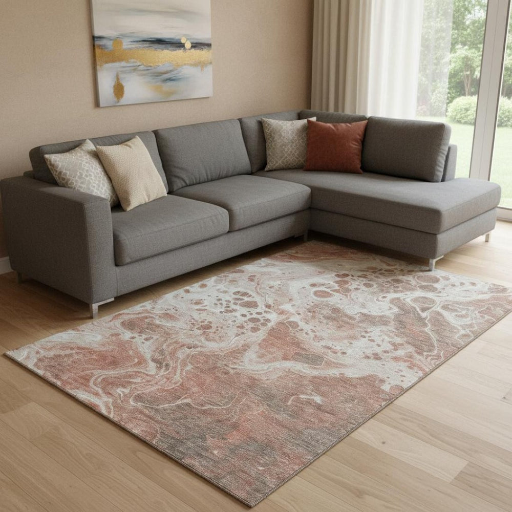 HomeRoots 8' X 10' Washable Abstract Area Rug in Rust Beige & Ivory – UV Protected, Non-Slip, Durable Design 697750