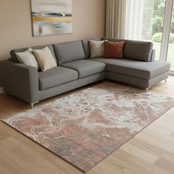 HomeRoots 8' X 10' Washable Abstract Area Rug in Rust Beige & Ivory – UV Protected, Non-Slip, Durable Design 697750