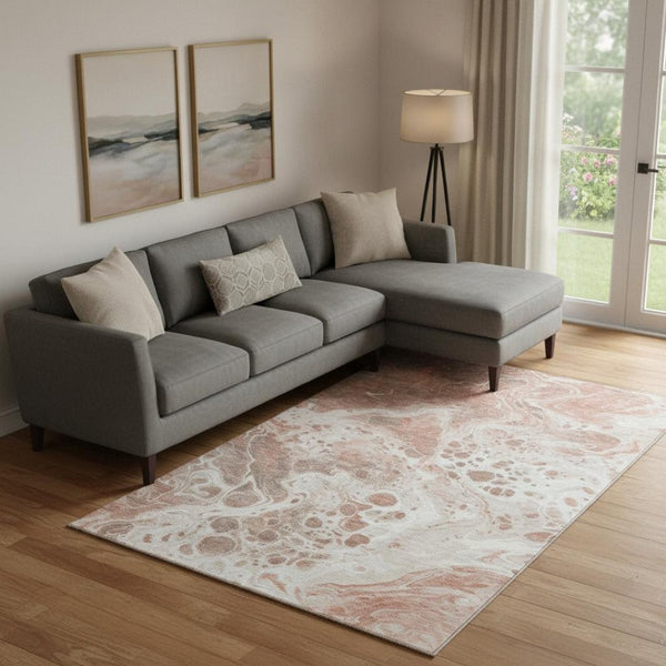 HomeRoots 9' X 12' Abstract Rust Beige and Ivory Area Rug - Stylish, Washable, UV-Protected, Family-Friendly Design 697751