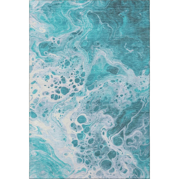 HomeRoots 5' X 8' Teal and Ivory Abstract Area Rug - Washable, UV Protected, Non-Slip Backing for Durability! 697754