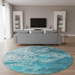 HomeRoots 8' Teal And Ivory Abstract Washable Round Rug – Stylish, Durable, UV-Protected for Every Space! 697755
