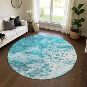 HomeRoots 8' Teal And Ivory Abstract Washable Round Rug – Stylish, Durable, UV-Protected for Every Space! 697755