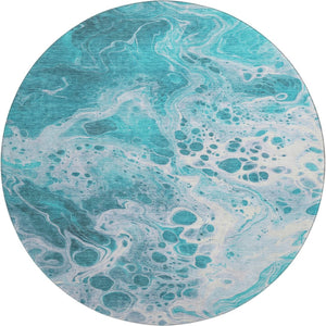 HomeRoots 8' Teal And Ivory Abstract Washable Round Rug – Stylish, Durable, UV-Protected for Every Space! 697755