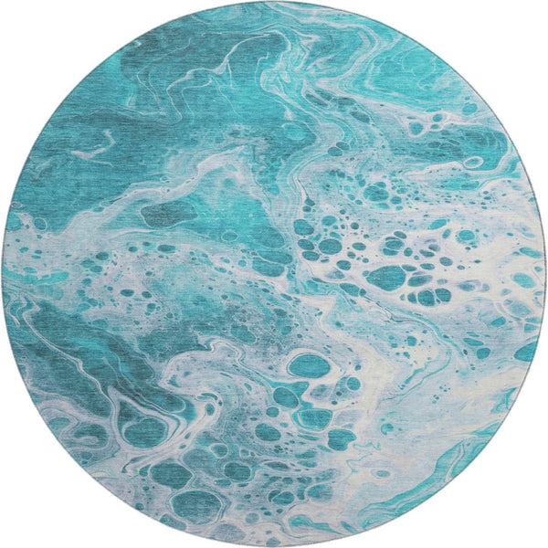 HomeRoots 8' Teal And Ivory Abstract Washable Round Rug – Stylish, Durable, UV-Protected for Every Space! 697755