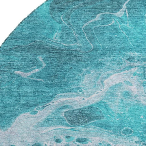 HomeRoots 8' Teal And Ivory Abstract Washable Round Rug – Stylish, Durable, UV-Protected for Every Space! 697755