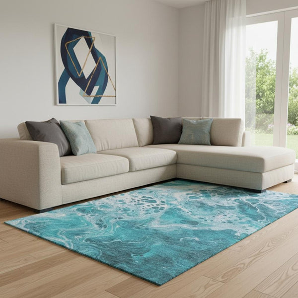 HomeRoots 8' X 10' Teal and Ivory Abstract Area Rug - Washable, UV Protected, Stylish for High-Traffic Homes 697756