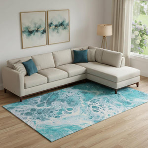 HomeRoots 9' X 12' Teal and Ivory Abstract Washable Area Rug - UV Resistant, Durable, Family-Friendly Design! 697757