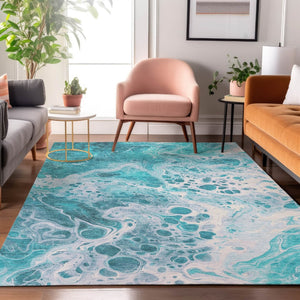 HomeRoots 9' X 12' Teal and Ivory Abstract Washable Area Rug - UV Resistant, Durable, Family-Friendly Design! 697757