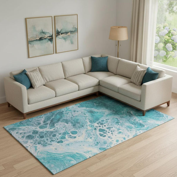 HomeRoots 10' X 14' Teal and Ivory Abstract Area Rug - Washable, UV Protected, Perfect for Modern Spaces! 697758