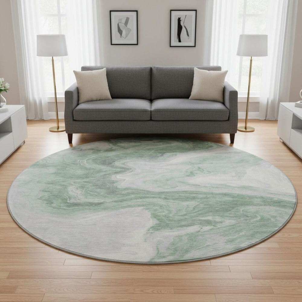 HomeRoots 8' Modern Abstract Washable Round Rug in Green, Gray & Silver - UV Protected, Easy Care & Non-Slip! 697761