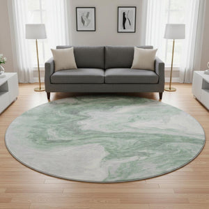 HomeRoots 8' Modern Abstract Washable Round Rug in Green, Gray & Silver - UV Protected, Easy Care & Non-Slip! 697761