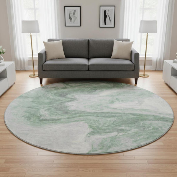 HomeRoots 8' Modern Abstract Washable Round Rug in Green, Gray & Silver - UV Protected, Easy Care & Non-Slip! 697761