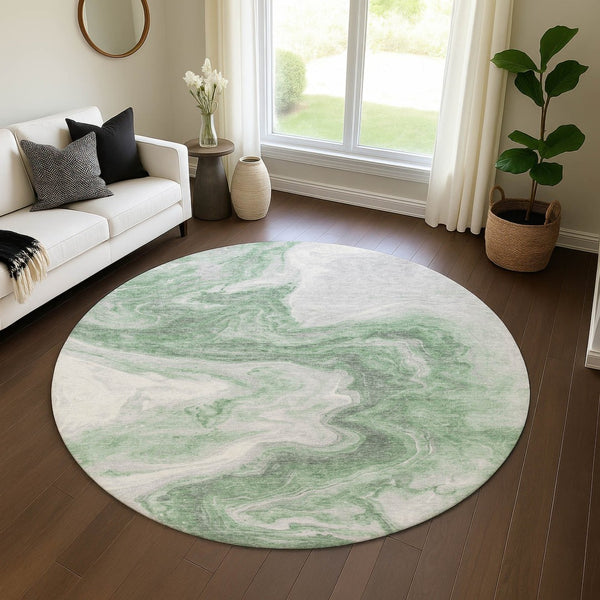 HomeRoots 8' Modern Abstract Washable Round Rug in Green, Gray & Silver - UV Protected, Easy Care & Non-Slip! 697761
