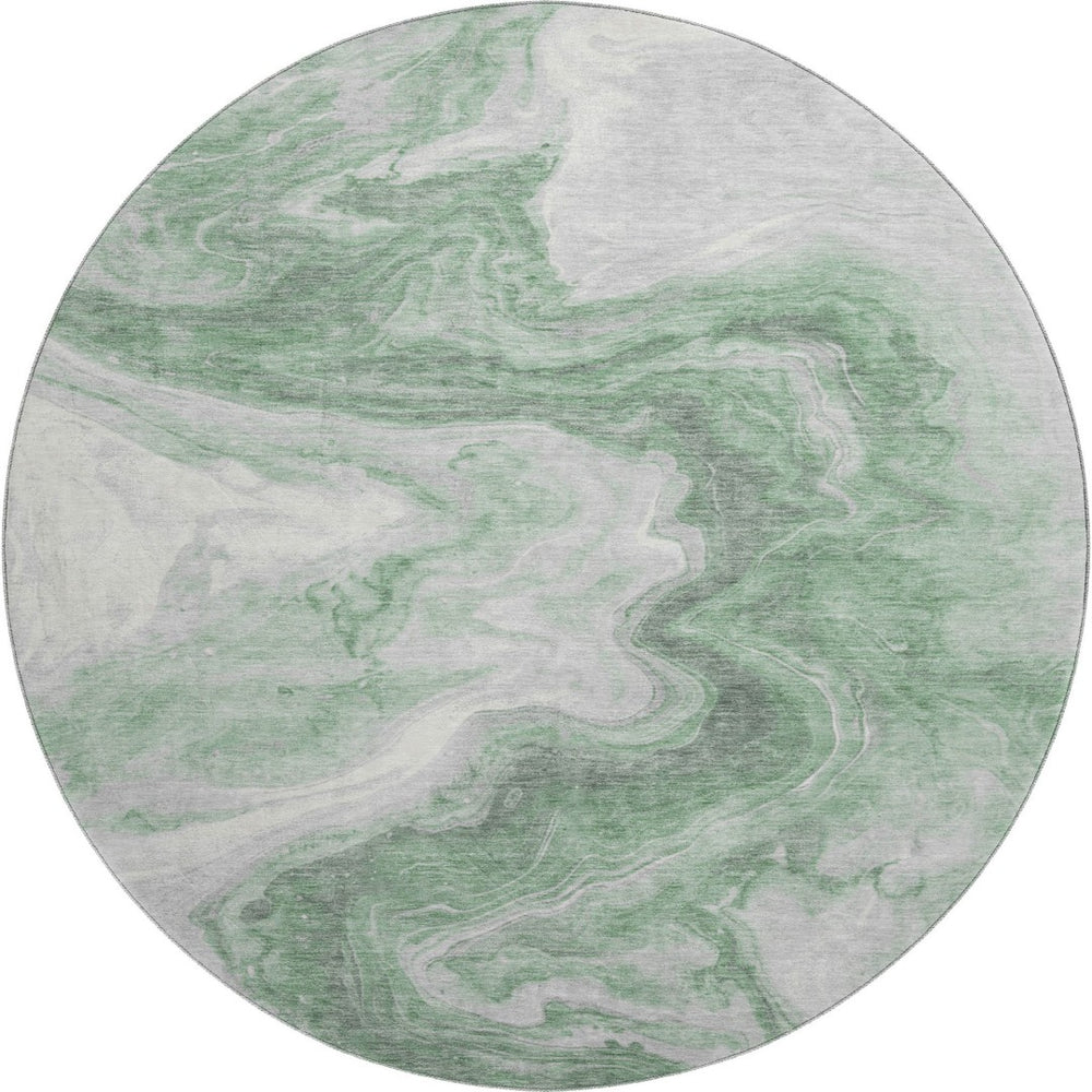 HomeRoots 8' Modern Abstract Washable Round Rug in Green, Gray & Silver - UV Protected, Easy Care & Non-Slip! 697761