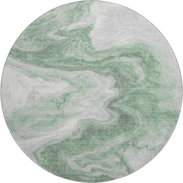 HomeRoots 8' Modern Abstract Washable Round Rug in Green, Gray & Silver - UV Protected, Easy Care & Non-Slip! 697761