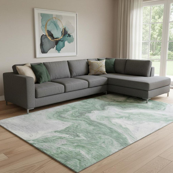HomeRoots 8' x 10' Modern Abstract Washable Area Rug in Green, Gray & Silver - UV Protection & Easy Care! 697762
