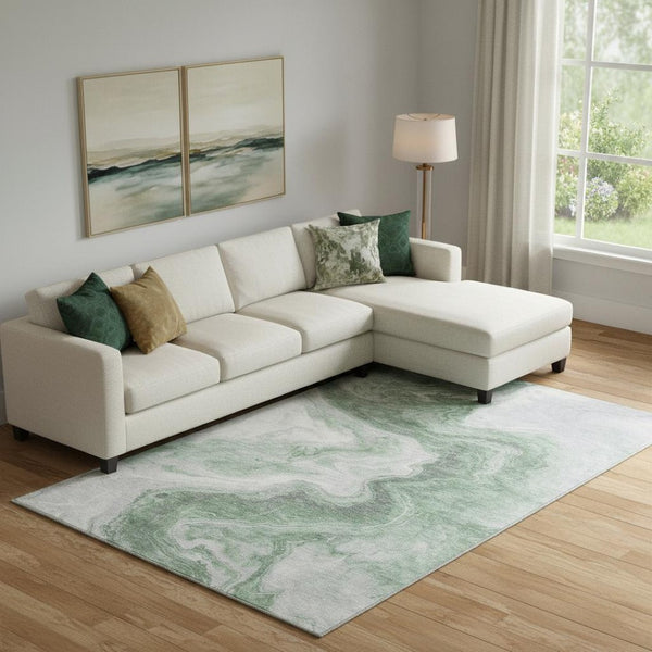 HomeRoots 9' X 12' Stylish Green Gray Silver Abstract Washable Area Rug with UV Protection for Modern Homes 697763