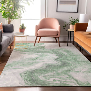 HomeRoots 9' X 12' Stylish Green Gray Silver Abstract Washable Area Rug with UV Protection for Modern Homes 697763