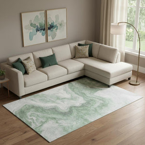 HomeRoots 10' X 14' Washable Abstract Area Rug in Green, Gray & Silver - UV Resistant for Modern Homes 697764