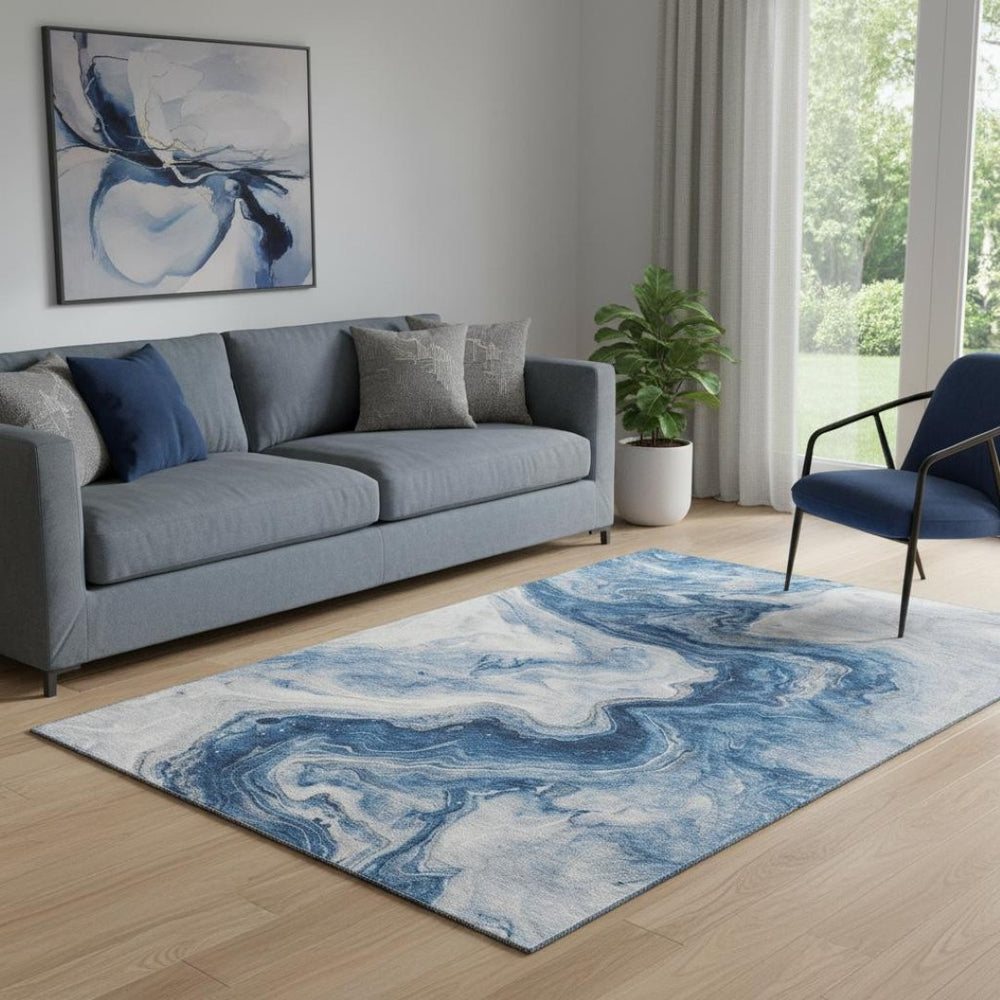 HomeRoots 5' X 8' Navy Blue & Ivory Abstract Area Rug - Washable, UV-Protected, Durable & Stylish for Any Room 697766