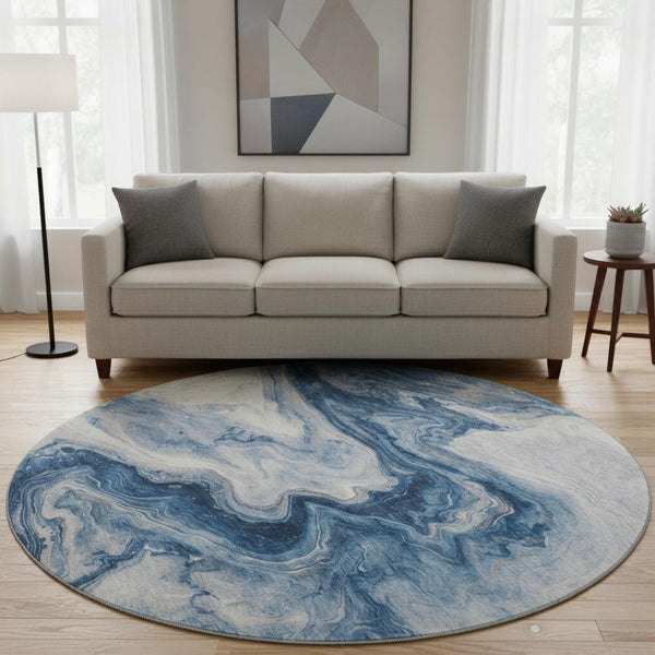 HomeRoots 8' Navy Blue & Ivory Abstract Round Rug - Washable, UV-Protected, Modern Design for Busy Homes 697767