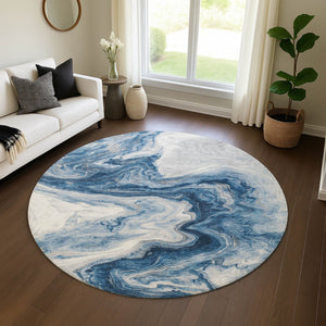 HomeRoots 8' Navy Blue & Ivory Abstract Round Rug - Washable, UV-Protected, Modern Design for Busy Homes 697767