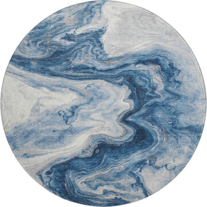 HomeRoots 8' Navy Blue & Ivory Abstract Round Rug - Washable, UV-Protected, Modern Design for Busy Homes 697767