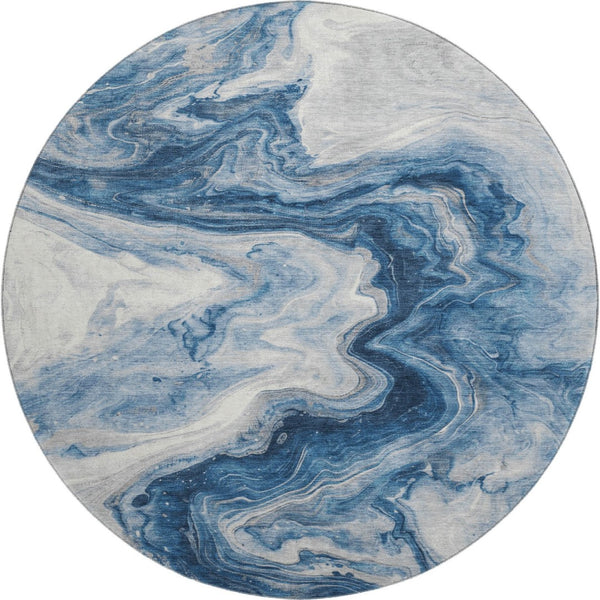 HomeRoots 8' Navy Blue & Ivory Abstract Round Rug - Washable, UV-Protected, Modern Design for Busy Homes 697767