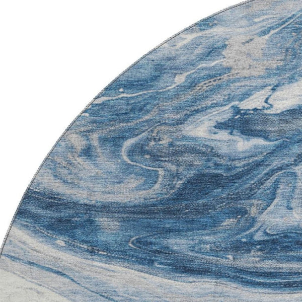 HomeRoots 8' Navy Blue & Ivory Abstract Round Rug - Washable, UV-Protected, Modern Design for Busy Homes 697767