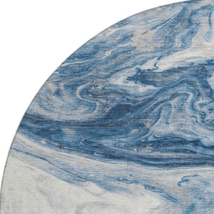 HomeRoots 8' Navy Blue & Ivory Abstract Round Rug - Washable, UV-Protected, Modern Design for Busy Homes 697767