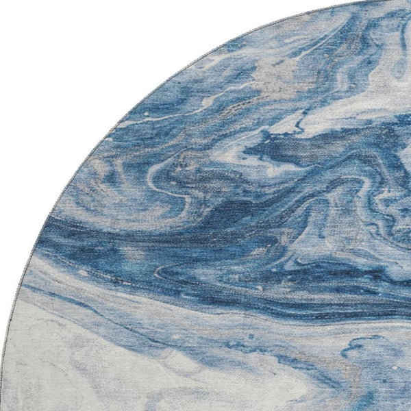 HomeRoots 8' Navy Blue & Ivory Abstract Round Rug - Washable, UV-Protected, Modern Design for Busy Homes 697767
